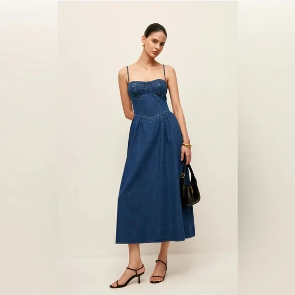 Commense Sweetheart Collar Denim Dress Medium - Picture 4 of 12